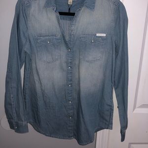 CK Button up, TH sweater, TH high waisted shorts